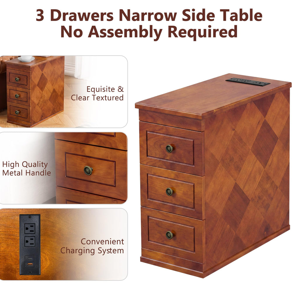 Solid Wood Narrow End Table with Charging Station Set of 2 C701