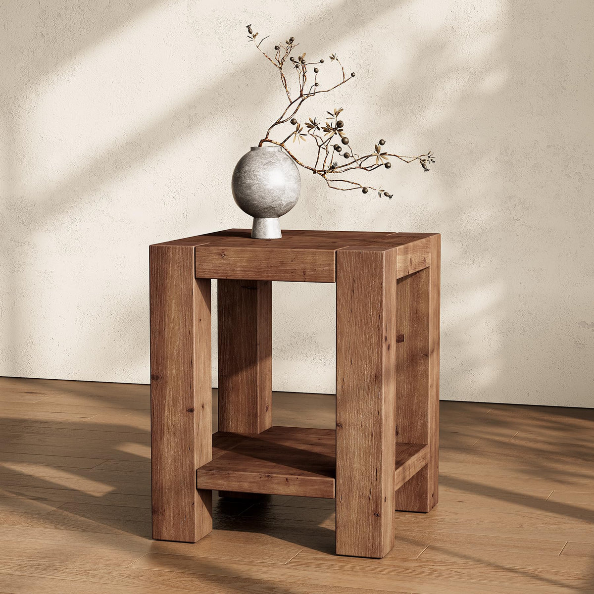 Solid Wood 2-Tier Side Table Set of 2 with Storage Shelves W3488