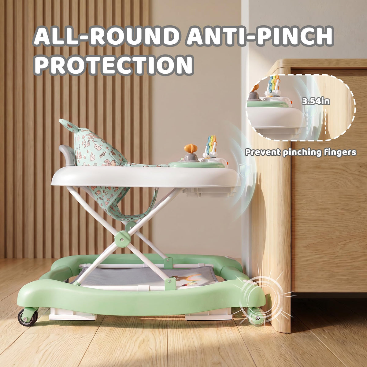 Foldable Baby Walker with Wheels, Music and Lights (Green) W370333