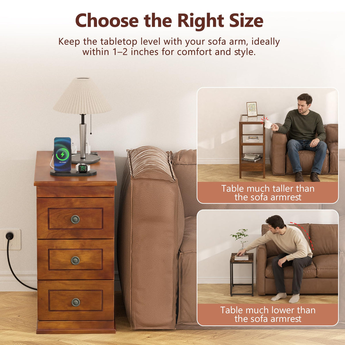 Solid Wood Narrow End Table with Charging Station Set of 2 C701