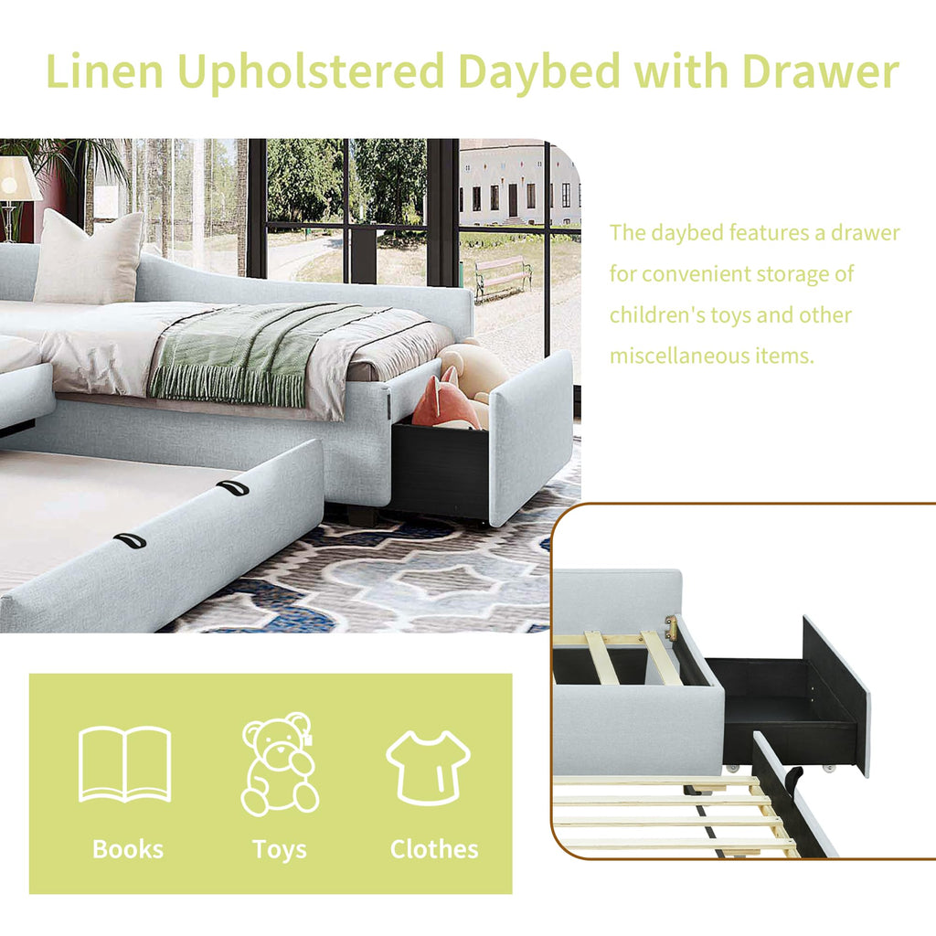 Green Gray Linen Fabric Upholstered Twin Size Daybed with Trundle and Drawer I5101