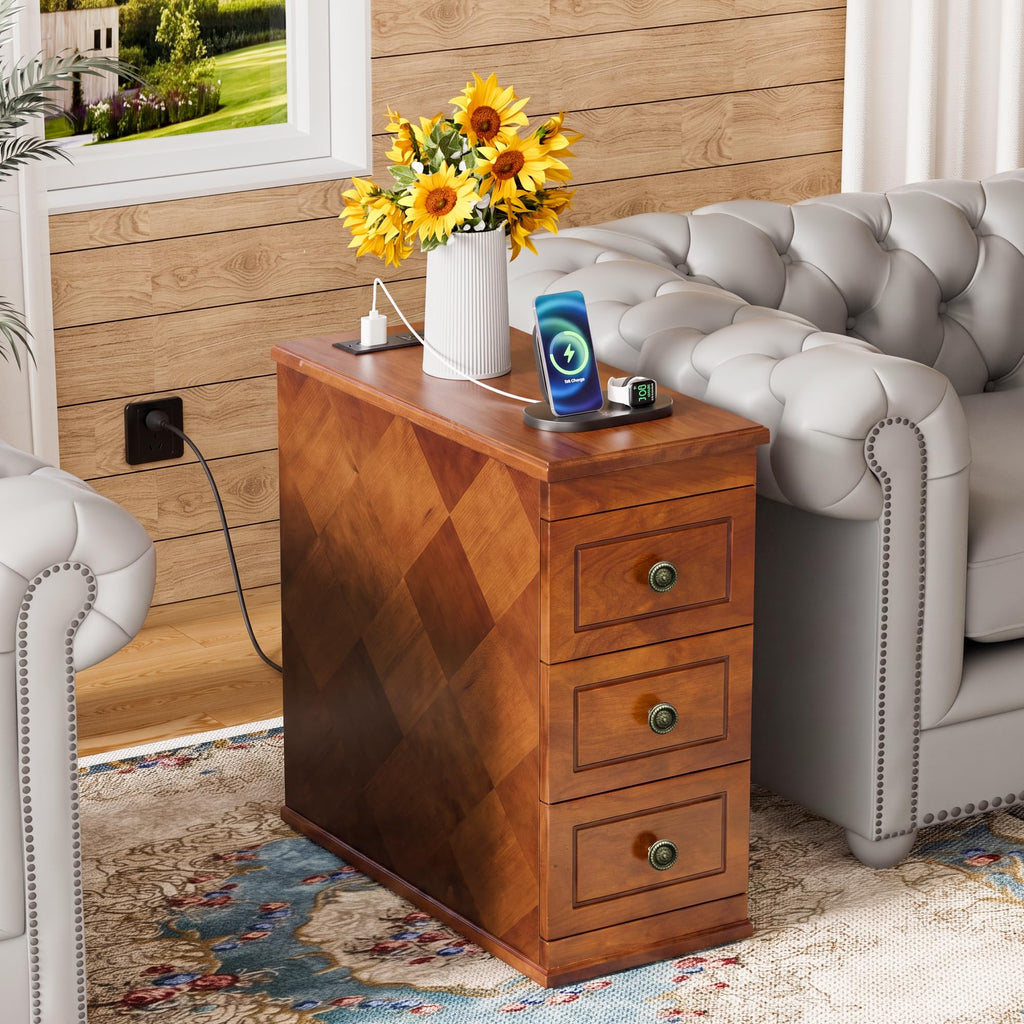 Solid Wood Narrow End Table with Charging Station Set of 2 C701