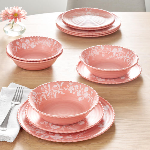 12-Piece Pink Bamboo Melamine Dinnerware Set U998