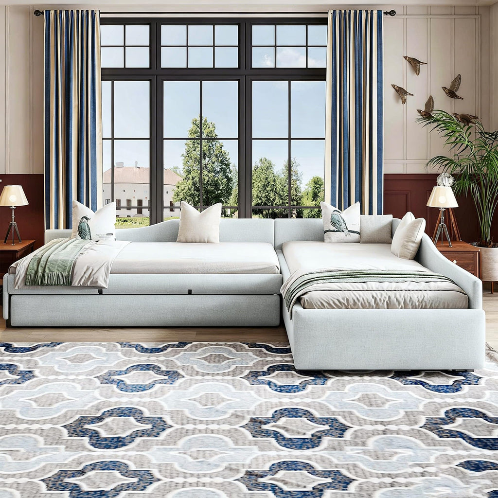 Green Gray Linen Fabric Upholstered Twin Size Daybed with Trundle and Drawer I5101