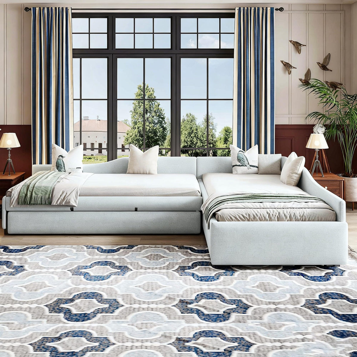 Green Gray Linen Fabric Upholstered Twin Size Daybed with Trundle and Drawer I5101