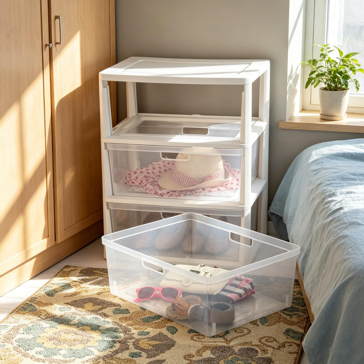 White 3-Drawer Plastic Storage Tower with Clear Bins V30914