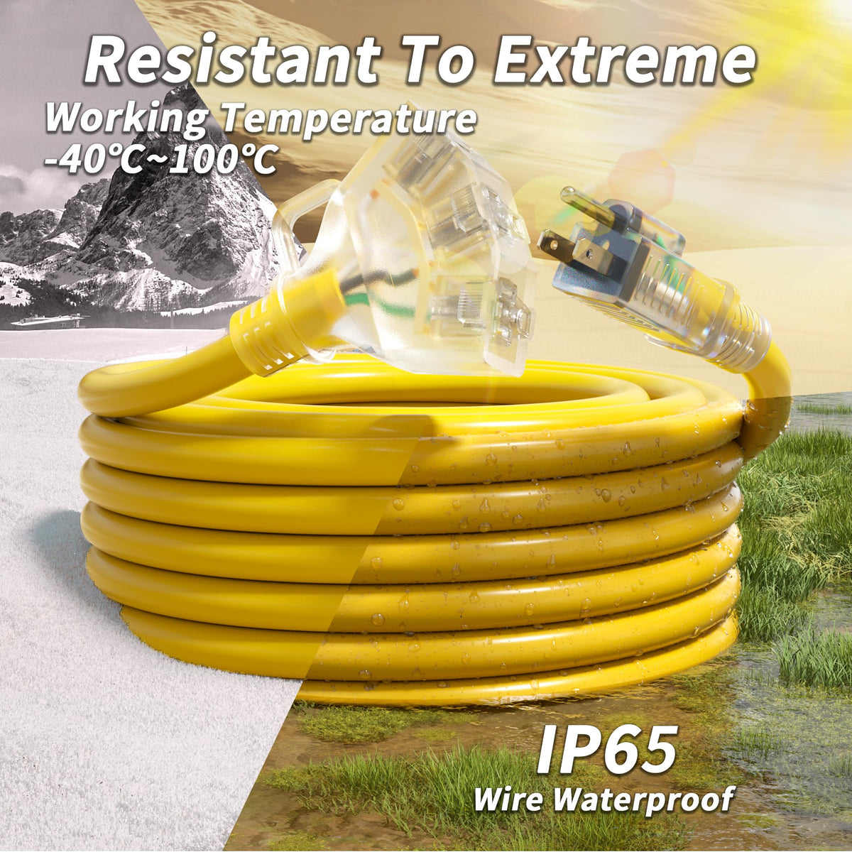12 FT 12 Gauge Yellow Heavy Duty Outdoor Extension Cord Waterproof S58572
