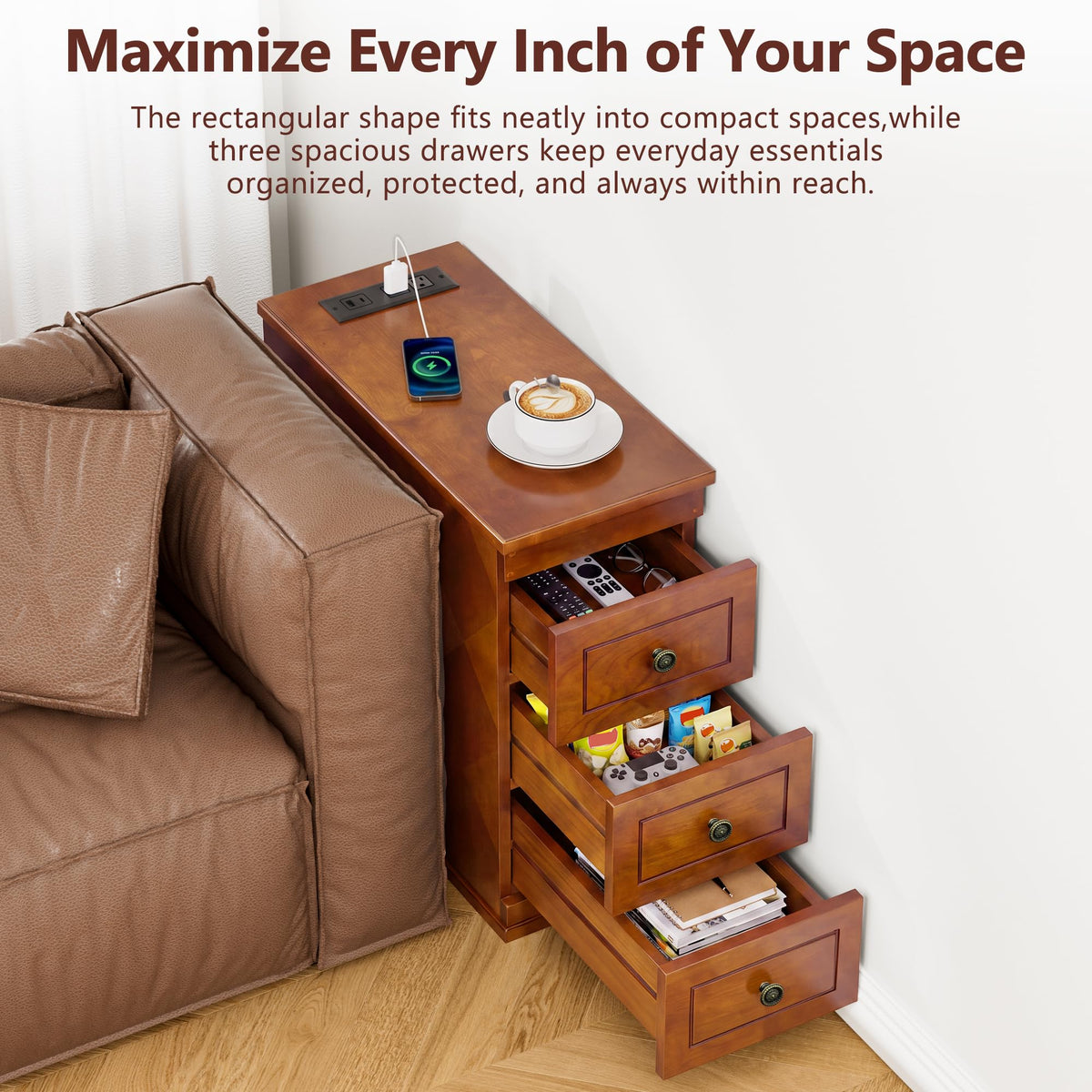 Solid Wood Narrow End Table with Charging Station Set of 2 C701