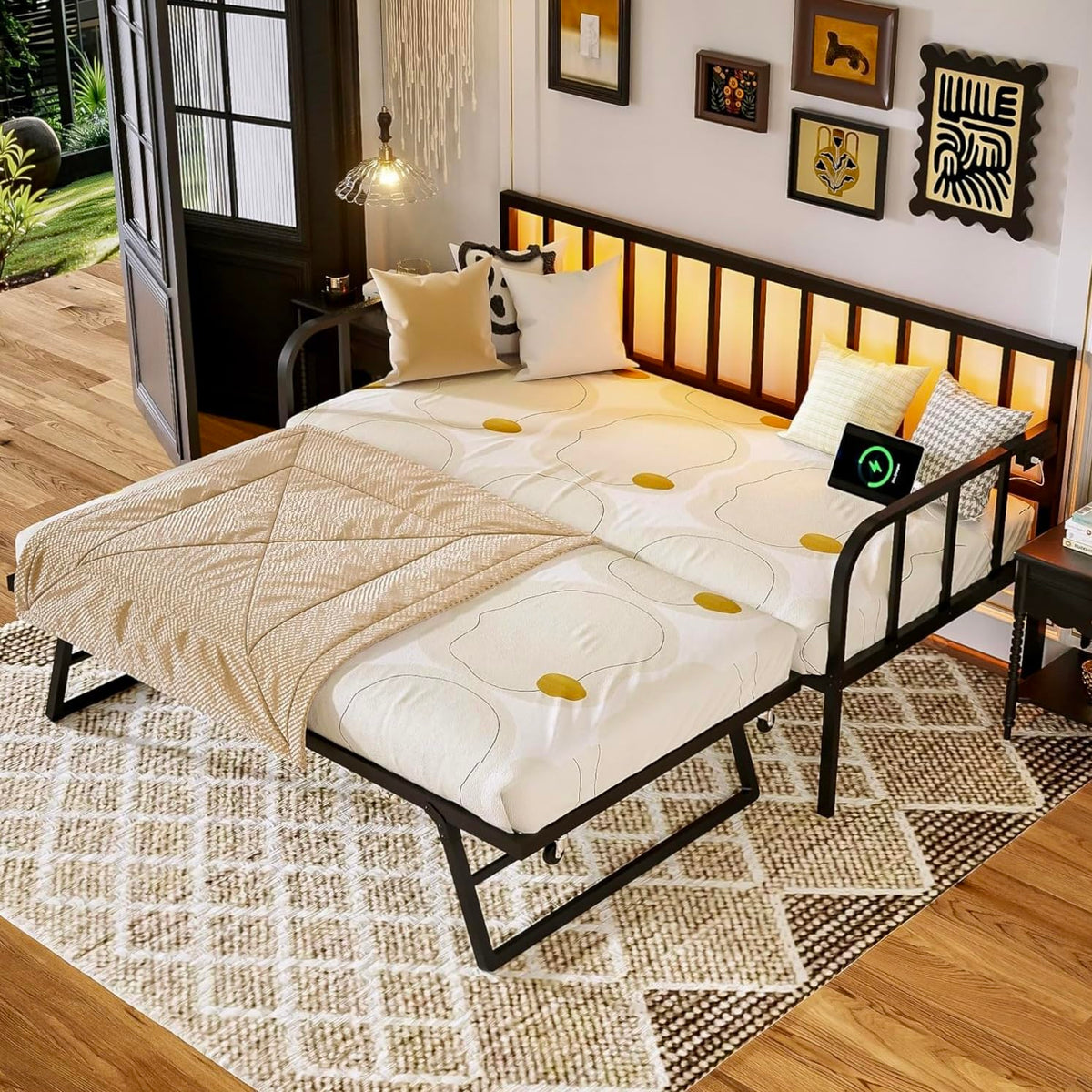 Black Twin to King Metal Daybed with Pop Up Trundle F7995