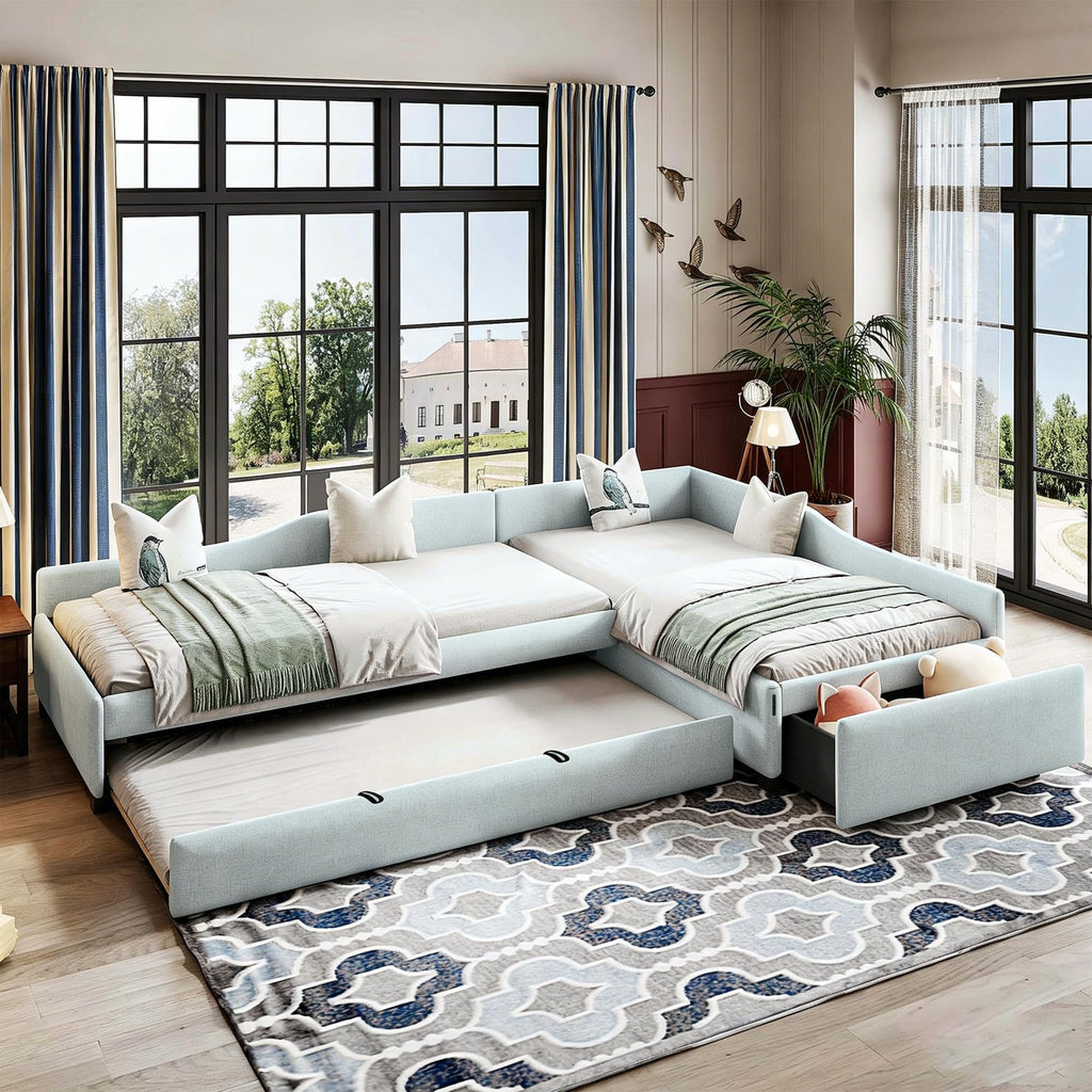 Green Gray Linen Fabric Upholstered Twin Size Daybed with Trundle and Drawer I5101