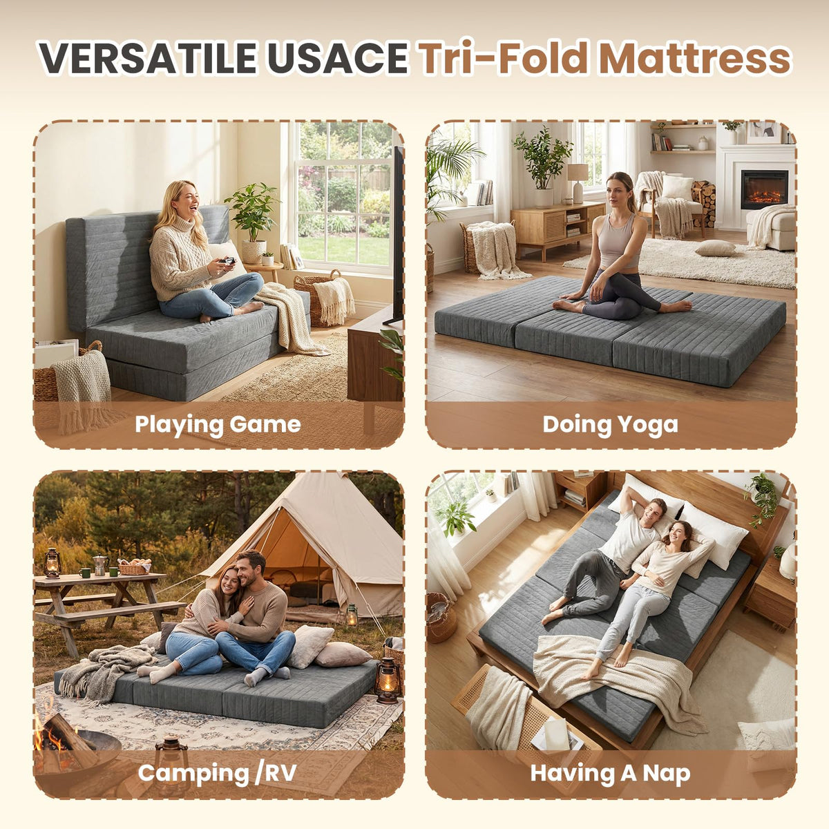 Queen Size Tri-Fold Mattress with Handles & Non-Slip Bottom M122704