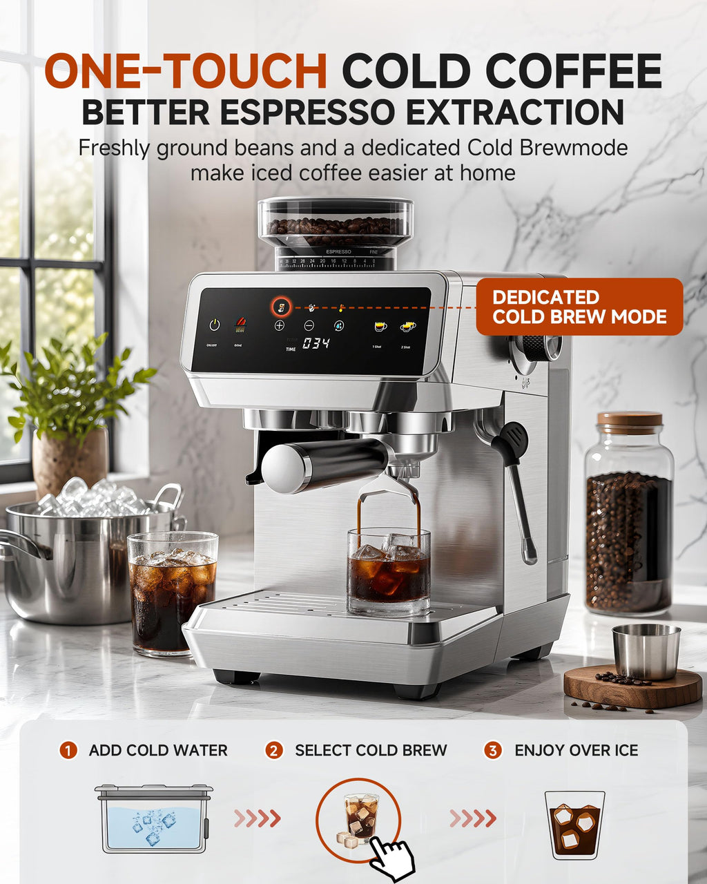 Espresso Machine With Grinder, Temp Control, 44 Grind Settings T962985