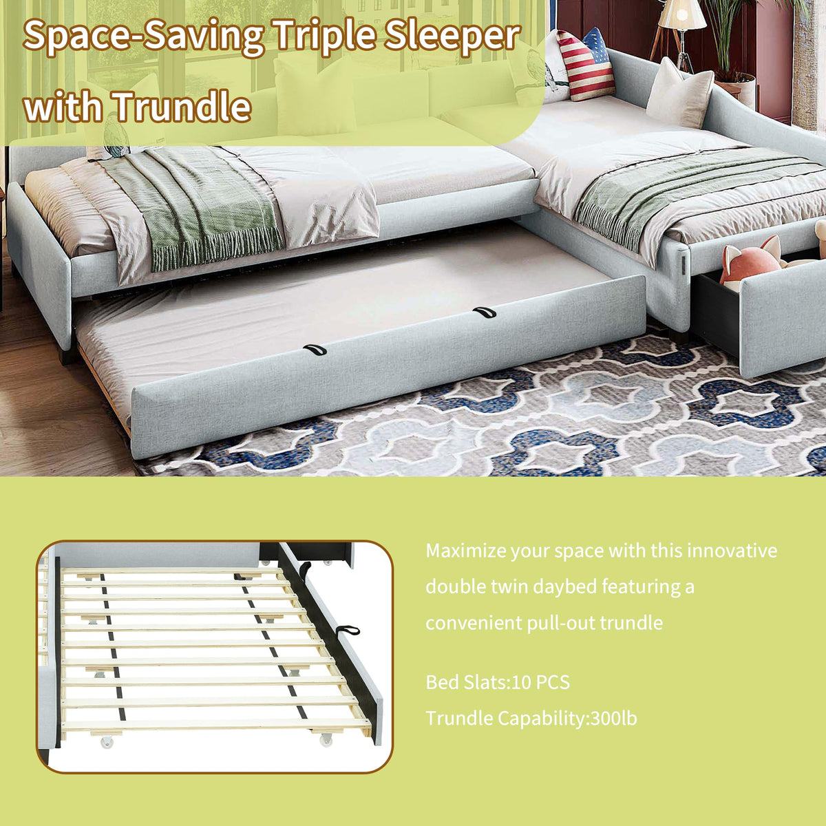 Green Gray Linen Fabric Upholstered Twin Size Daybed with Trundle and Drawer I5101