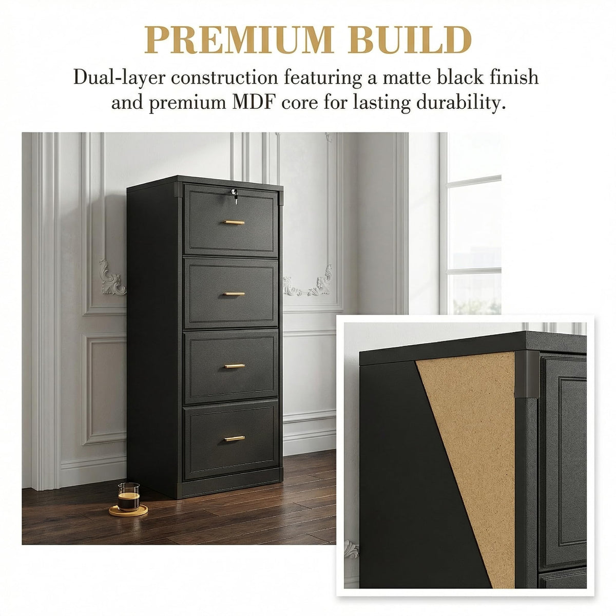 4 Drawer Black MDF File Cabinet with Lock B244