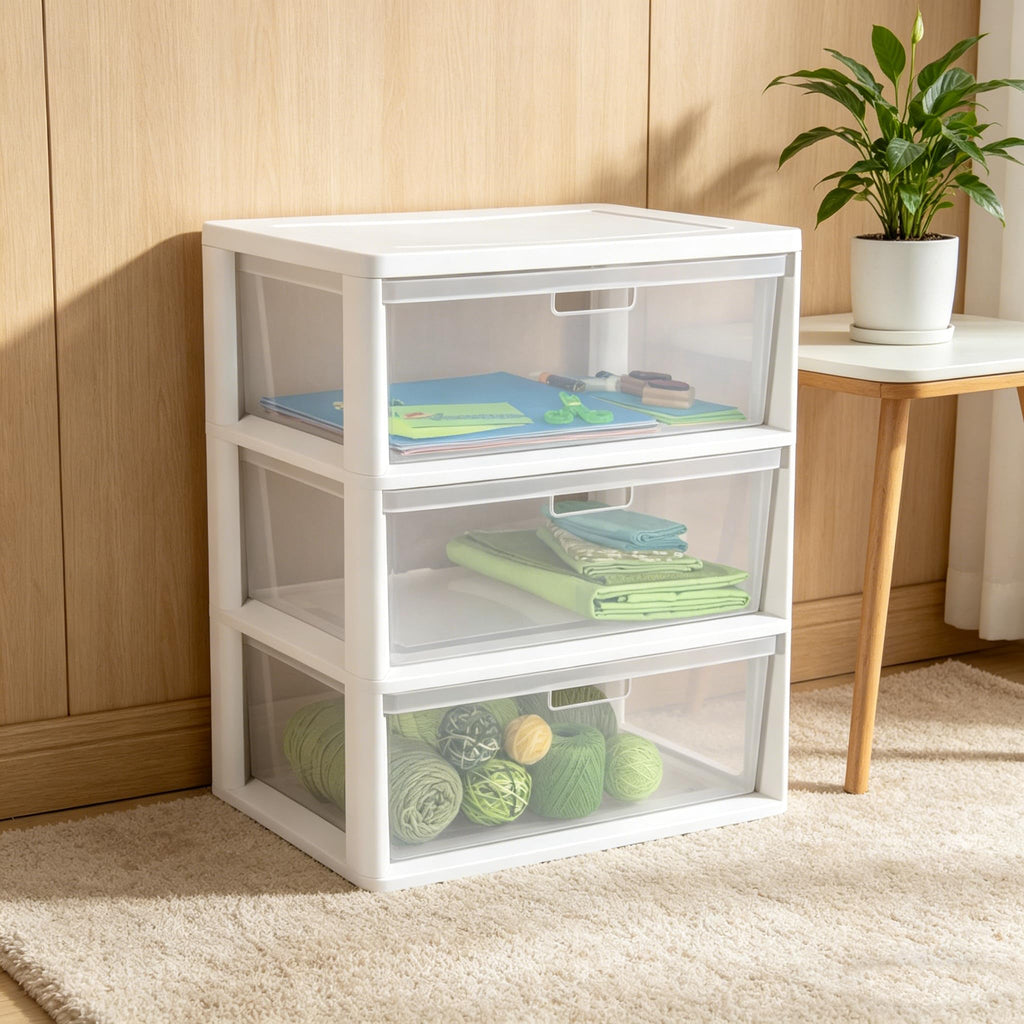 White 3-Drawer Plastic Storage Tower with Clear Bins V30914