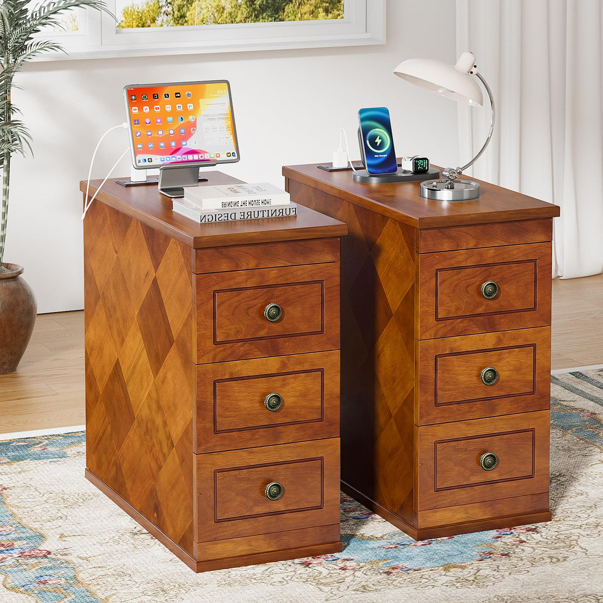 Solid Wood Narrow End Table with Charging Station Set of 2 C701