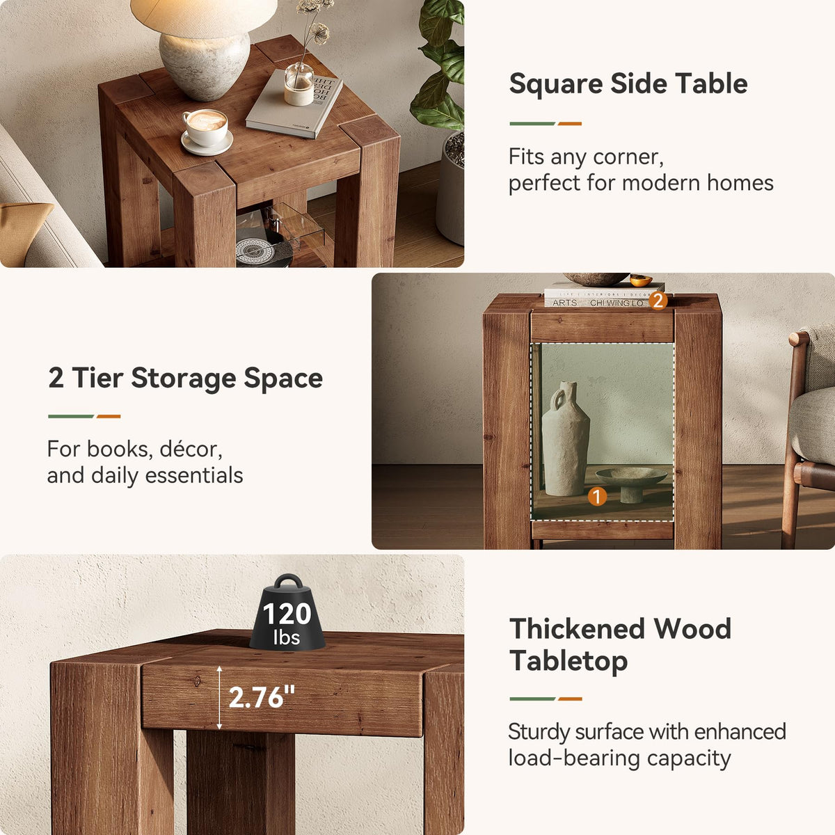 Solid Wood 2-Tier Side Table Set of 2 with Storage Shelves W3488