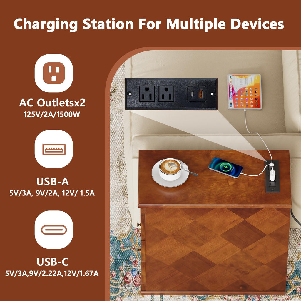 Solid Wood Narrow End Table with Charging Station Set of 2 C701
