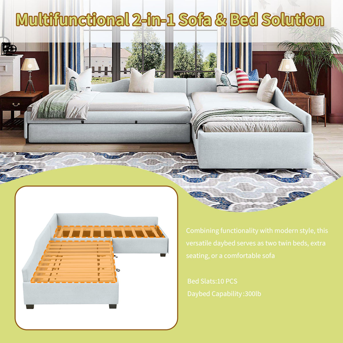 Green Gray Linen Fabric Upholstered Twin Size Daybed with Trundle and Drawer I5101