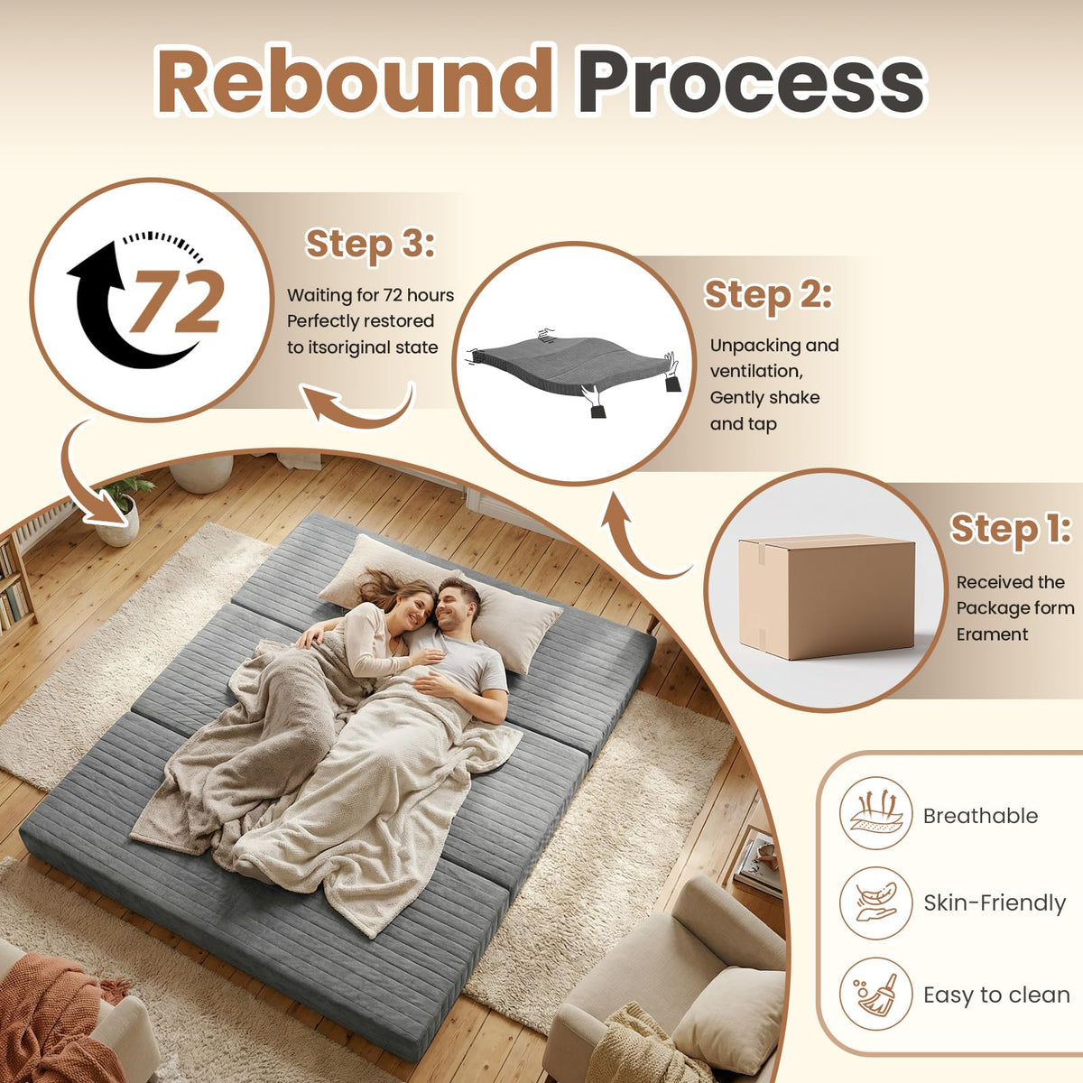 Queen Size Tri-Fold Mattress with Handles & Non-Slip Bottom M122704