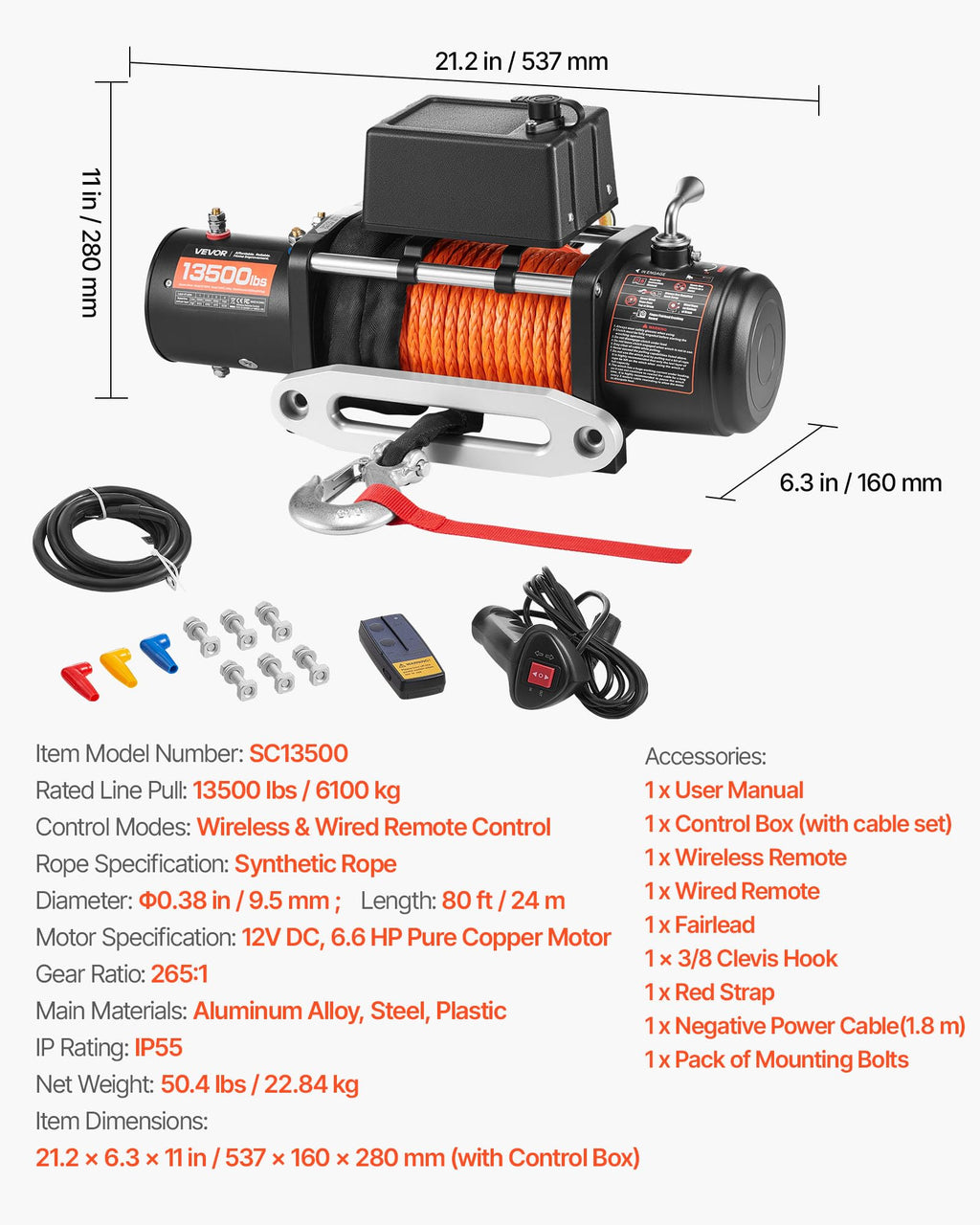 13,500 lb 12V DC Electric Truck Winch with Synthetic Rope V75312