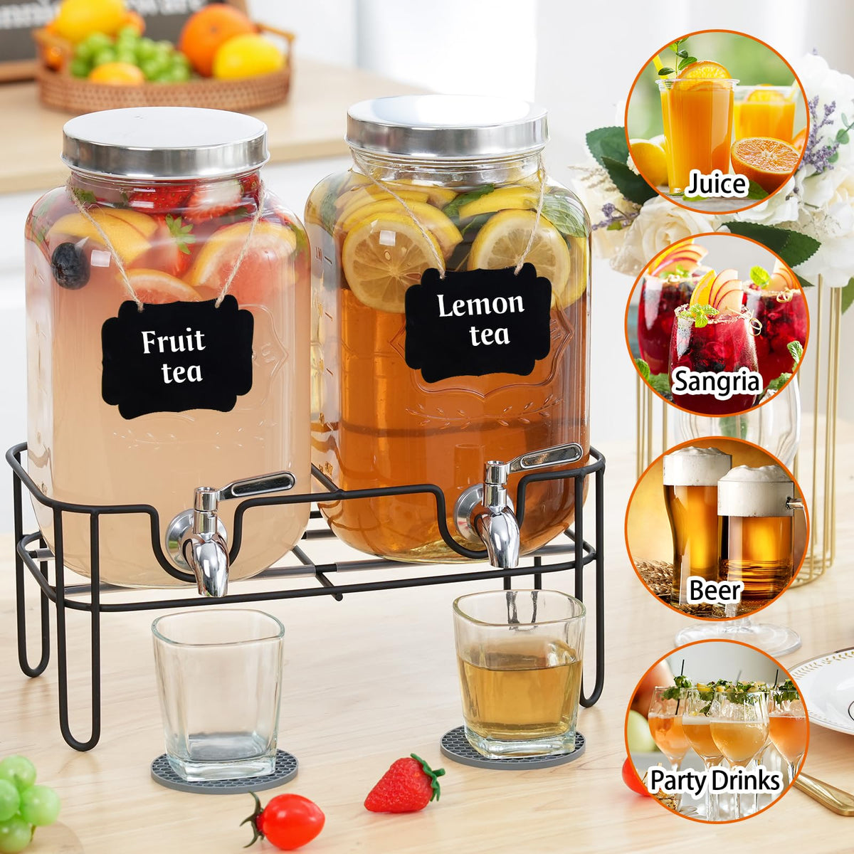 2 Pack 1 Gallon Glass Drink Dispensers with Stand & Spout Z88874