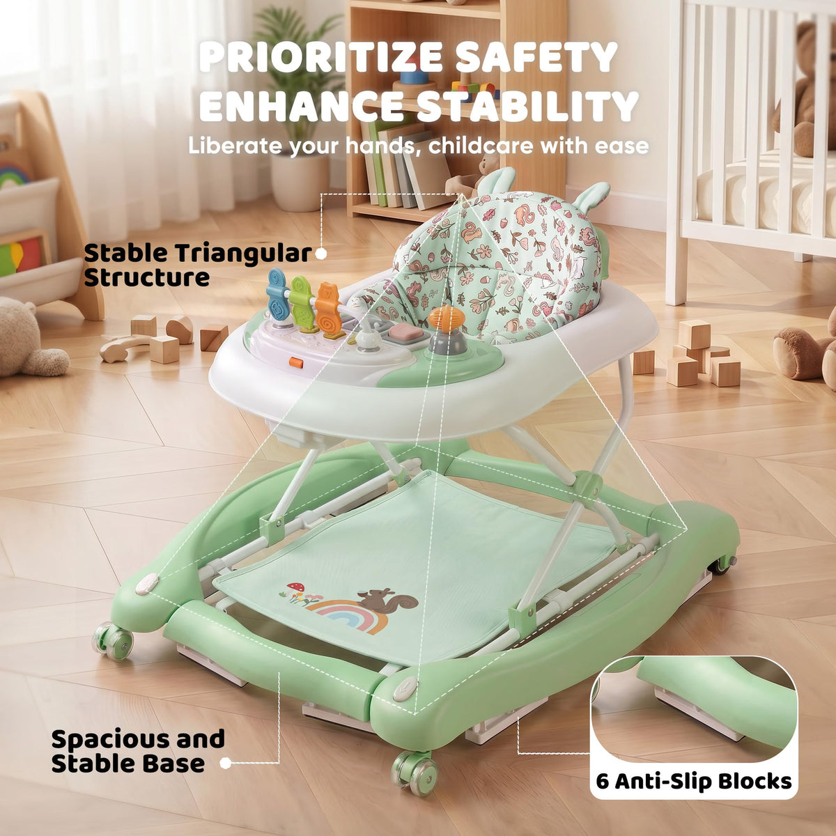 Foldable Baby Walker with Wheels, Music and Lights (Green) W370333