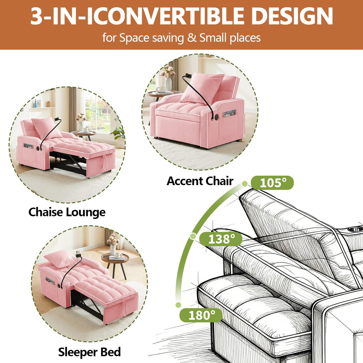 Pink Velvet Sofa Bed J314