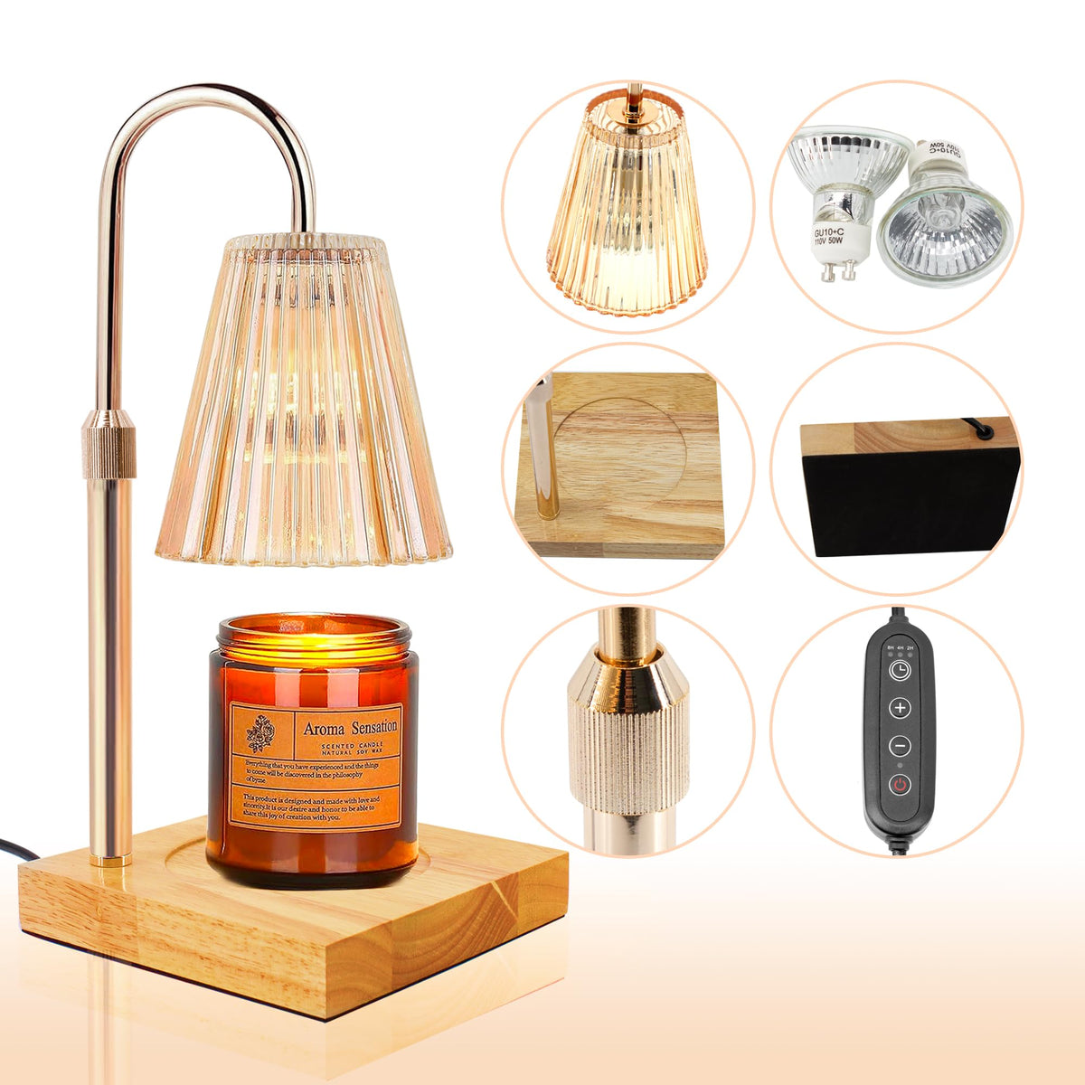 Candle Warmer Lamp with 2 Bulbs, Dimmable, Timer, Adjustable Height B52070