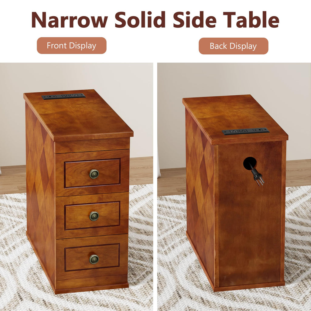 Solid Wood Narrow End Table with Charging Station Set of 2 C701