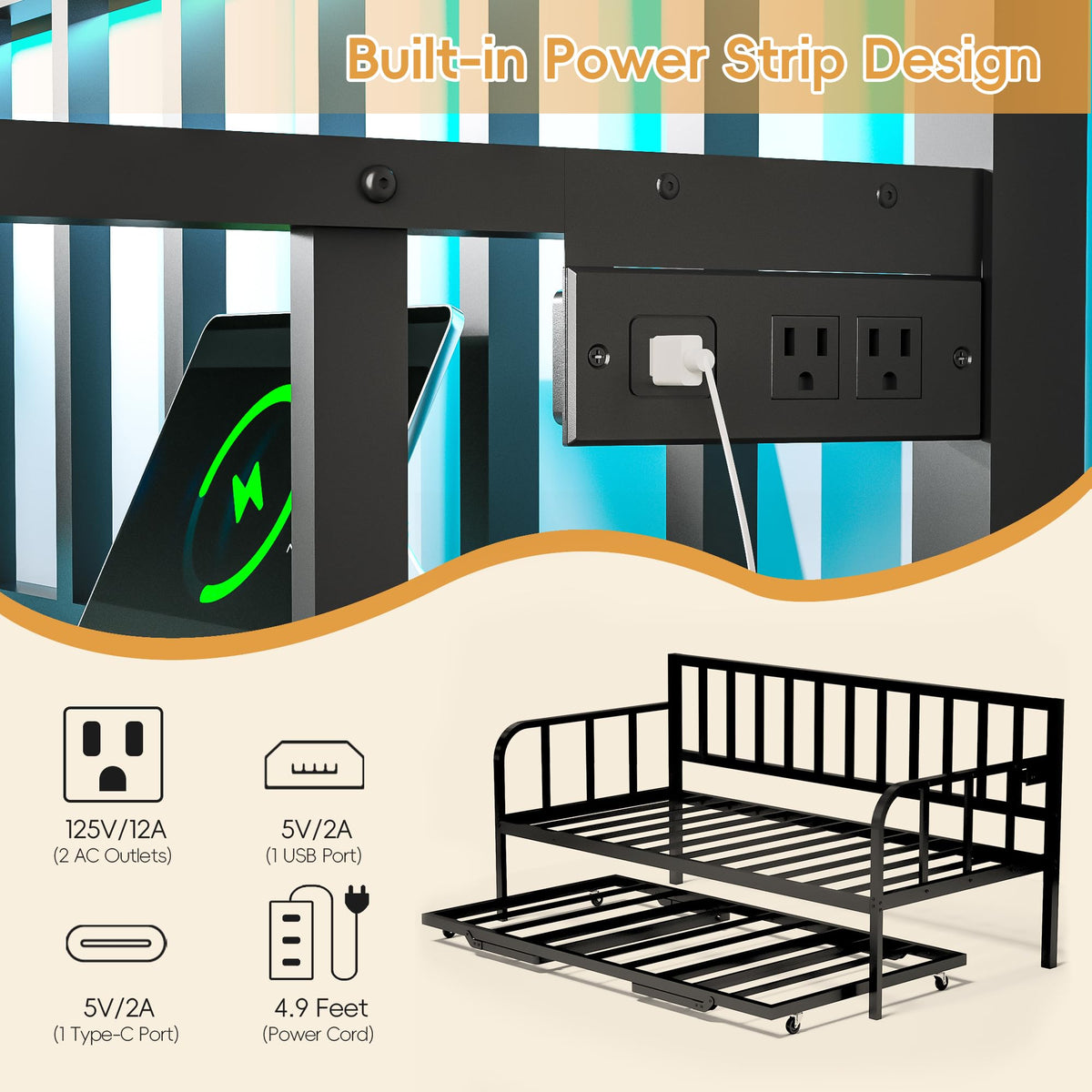Black Twin to King Metal Daybed with Pop Up Trundle F7995