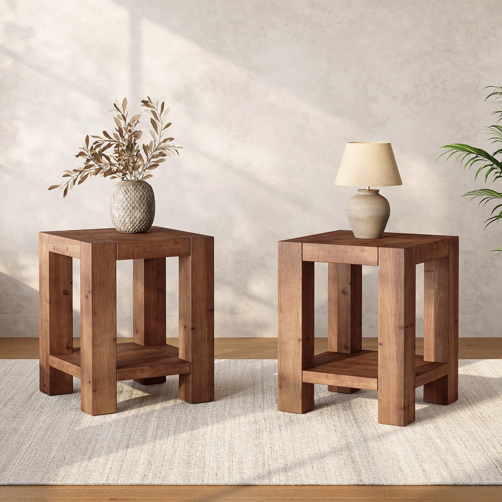 Solid Wood 2-Tier Side Table Set of 2 with Storage Shelves W3488