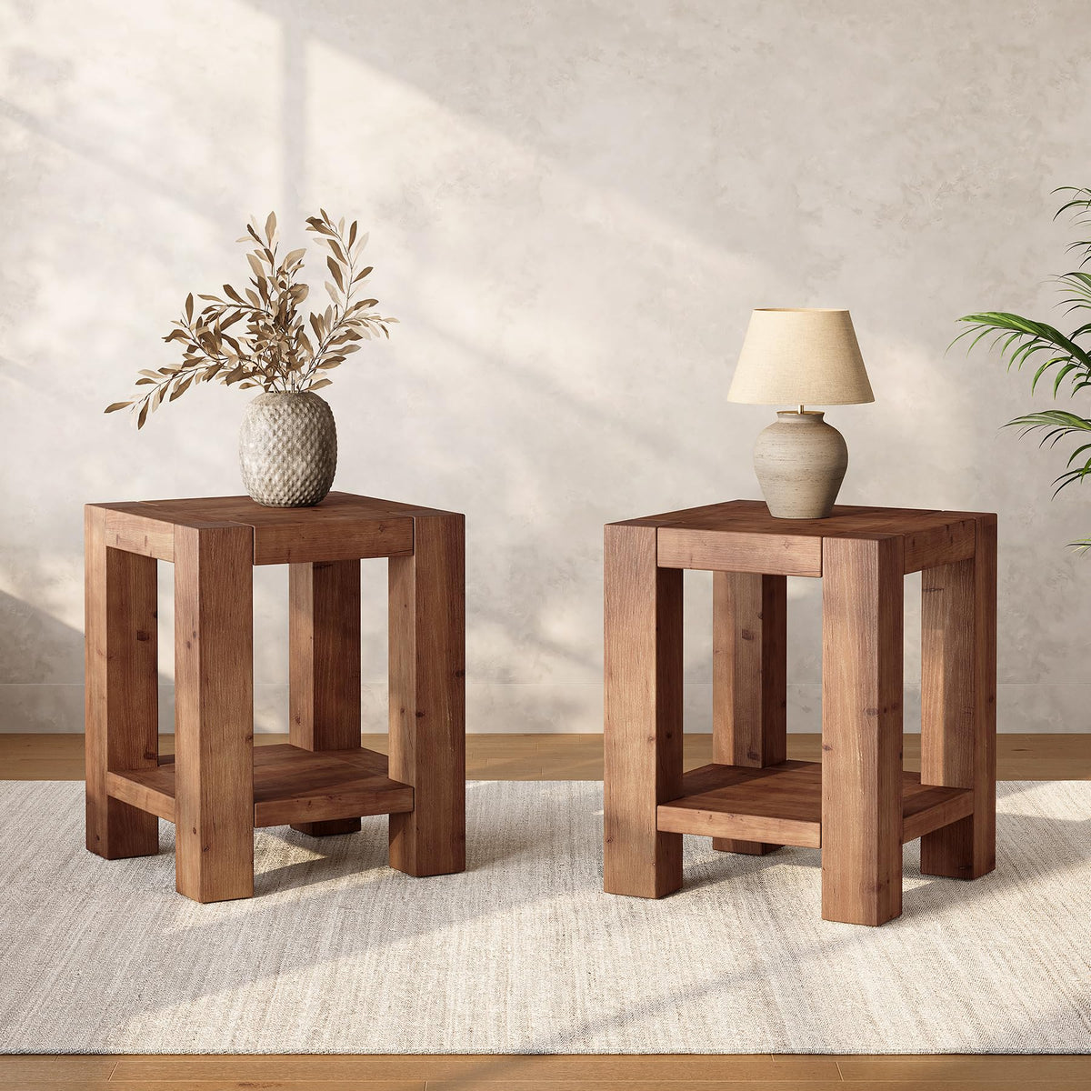 Solid Wood 2-Tier Side Table Set of 2 with Storage Shelves W3488