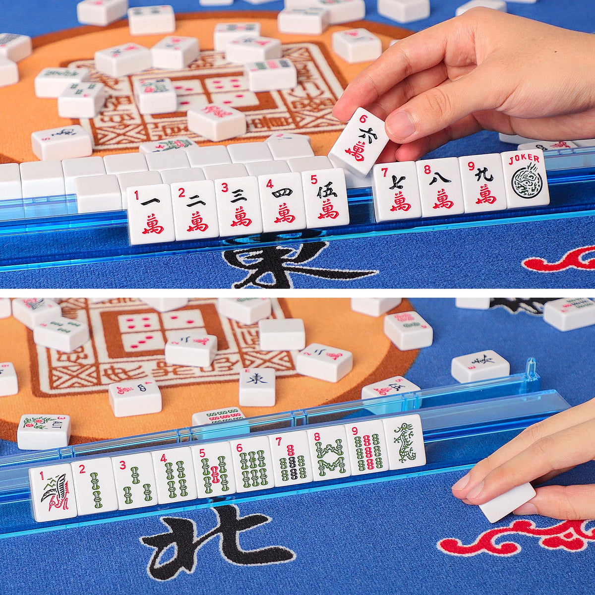 American Mahjong Game Set, 166 White Tiles, 4 Color Rack/Pushers, Blue Carrying Bag U7019