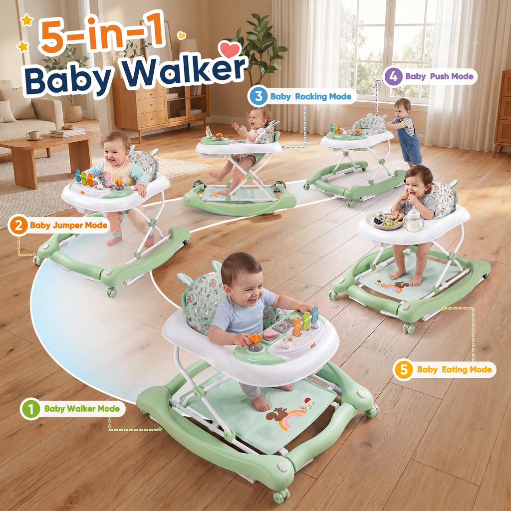 Foldable Baby Walker with Wheels, Music and Lights (Green) W370333