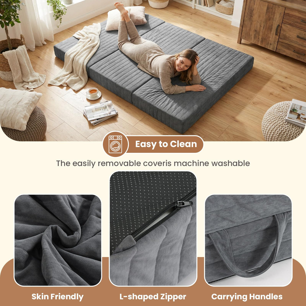 Queen Size Tri-Fold Mattress with Handles & Non-Slip Bottom M122704