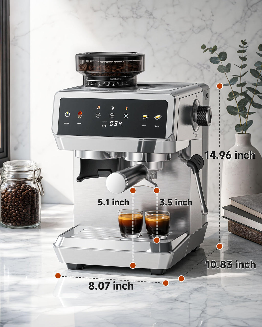 Espresso Machine With Grinder, Temp Control, 44 Grind Settings T962985
