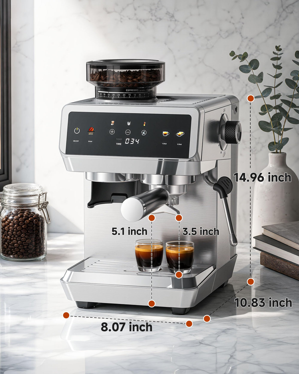 Espresso Machine With Grinder, Temp Control, 44 Grind Settings T962985