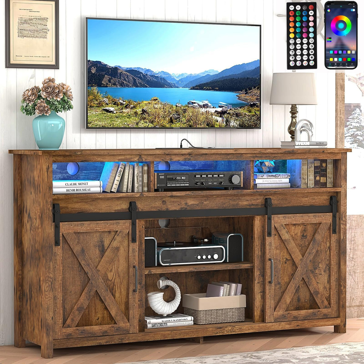 57In Wooden Farmhouse TV Stand with Sliding Barn Door A27864
