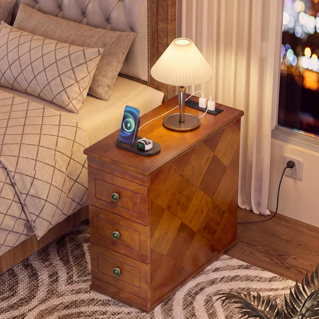 Solid Wood Narrow End Table with Charging Station Set of 2 C701