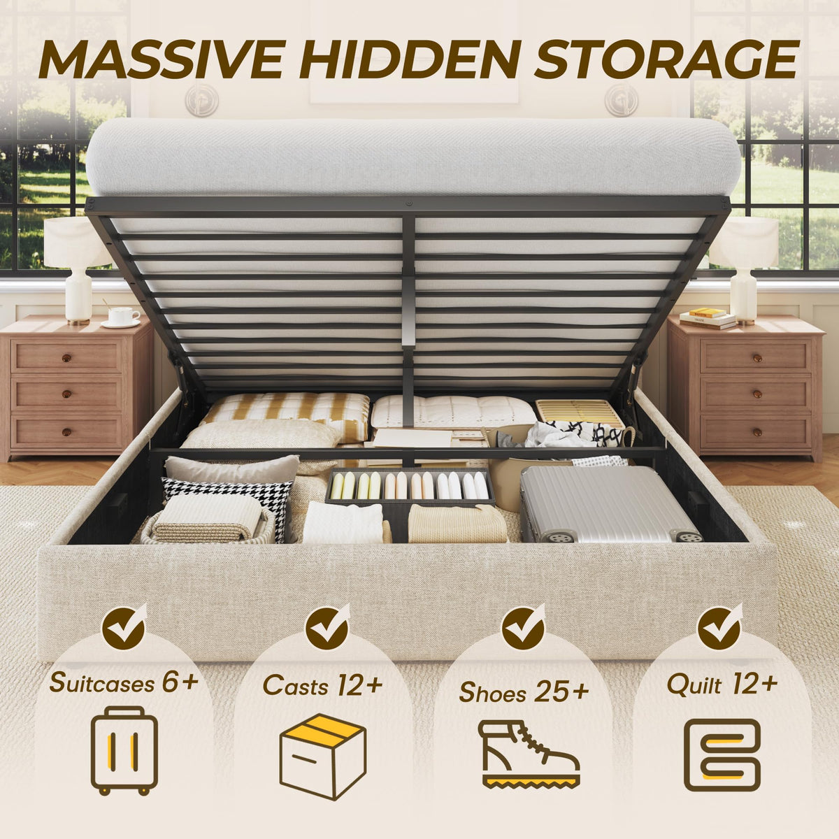 Queen Size Linen Upholstered Lift Up Storage Bed Frame O67333