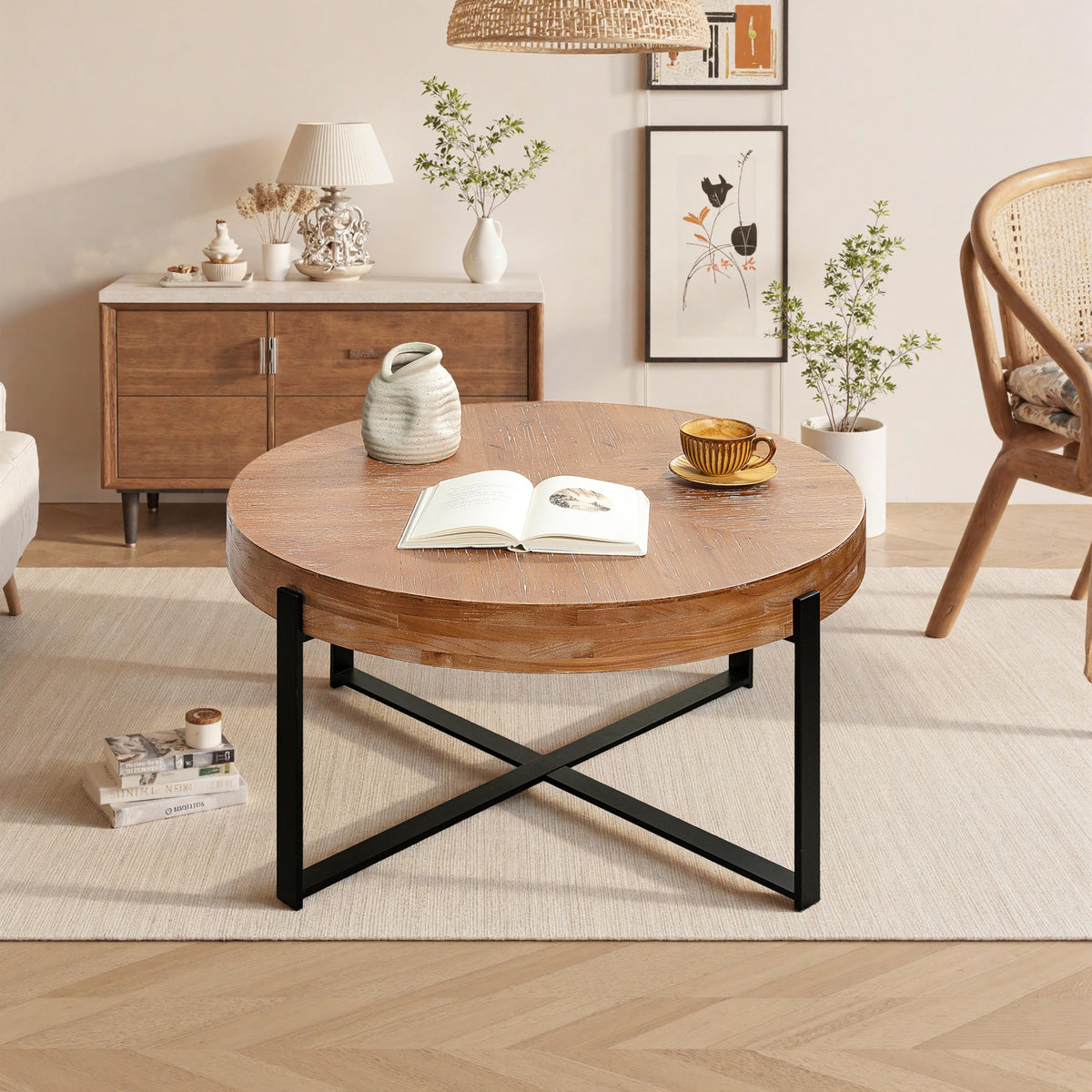 Round Coffee Table with Black Cross Legs Base L293