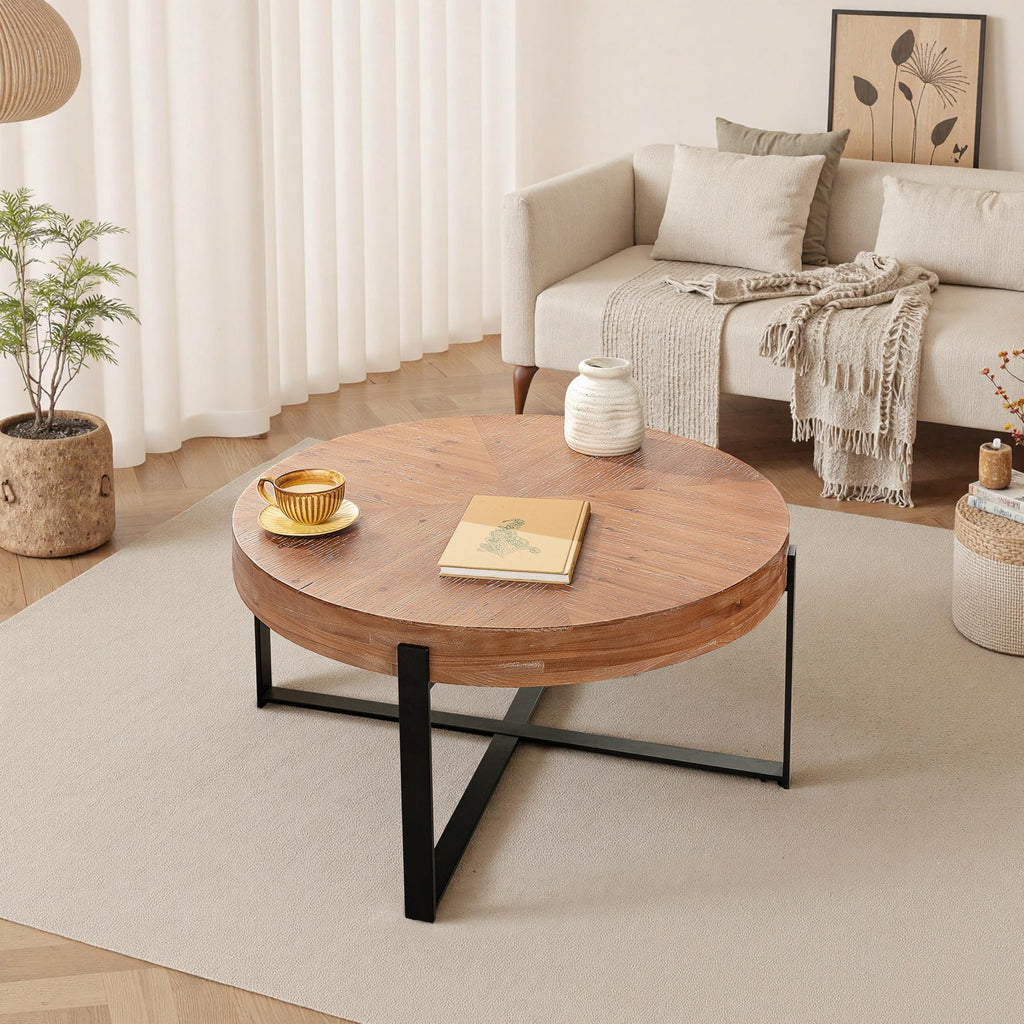 Round Coffee Table with Black Cross Legs Base L293