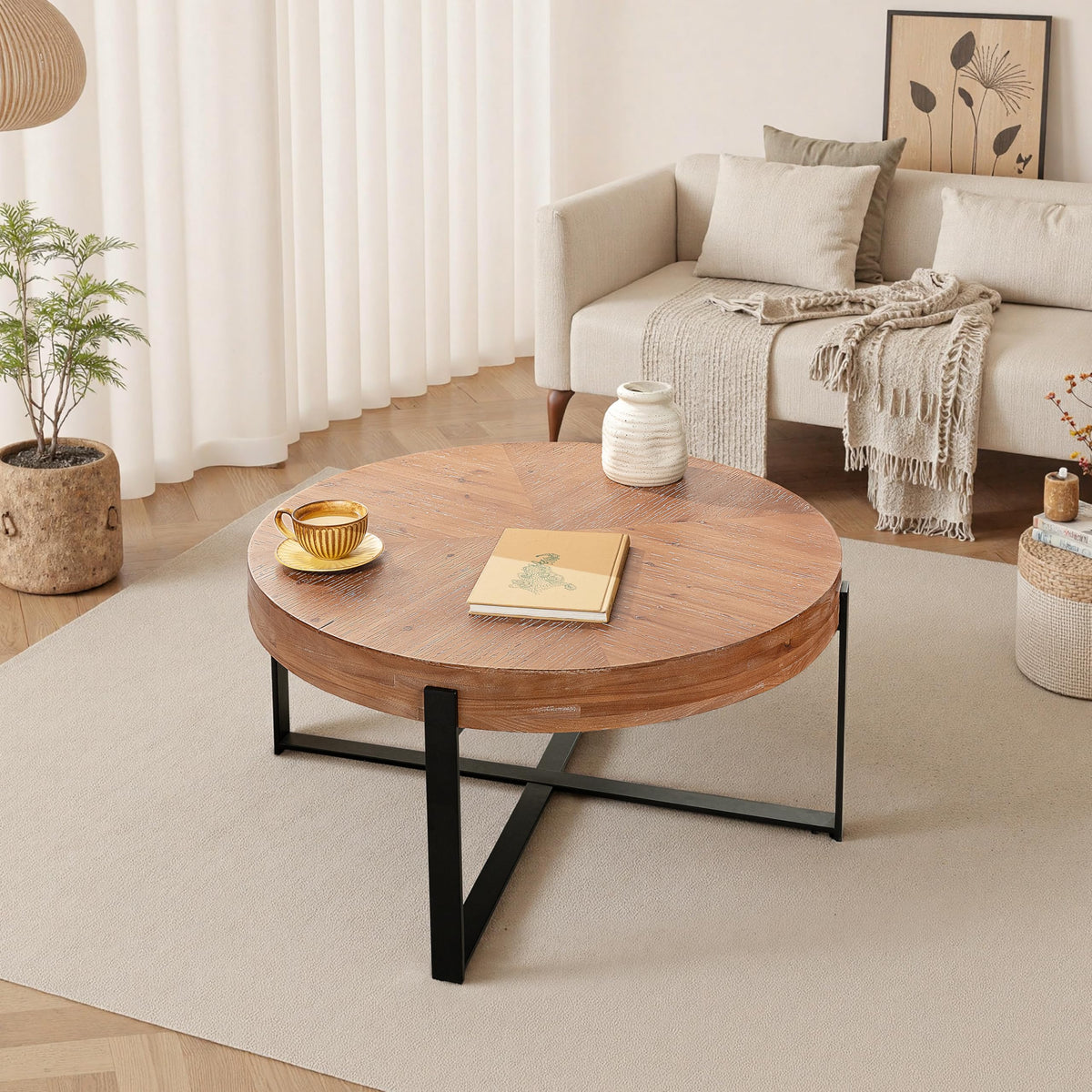 Round Coffee Table with Black Cross Legs Base L293