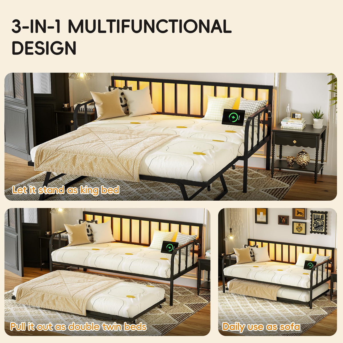Black Twin to King Metal Daybed with Pop Up Trundle F7995