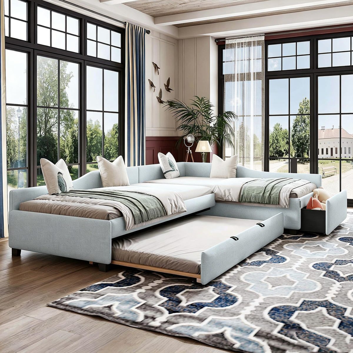 Green Gray Linen Fabric Upholstered Twin Size Daybed with Trundle and Drawer I5101