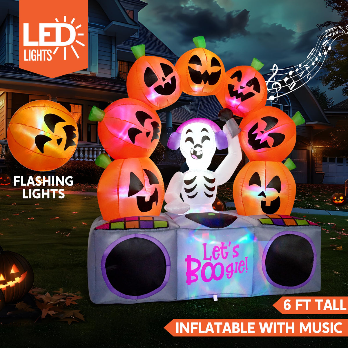 6 FT Inflatable Music Skeleton and Pumpkin with Colorful LEDs D348