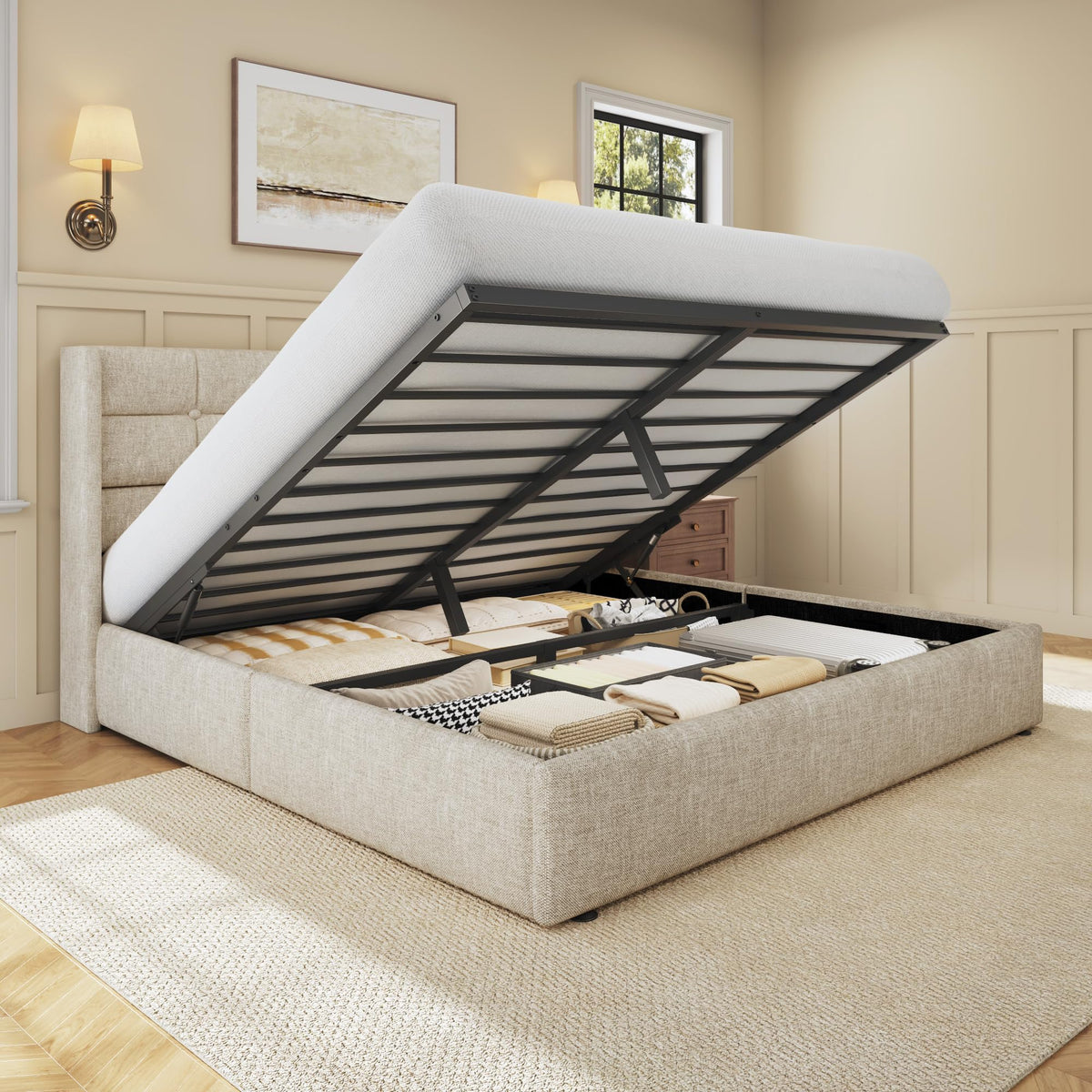 Queen Size Linen Upholstered Lift Up Storage Bed Frame O67333