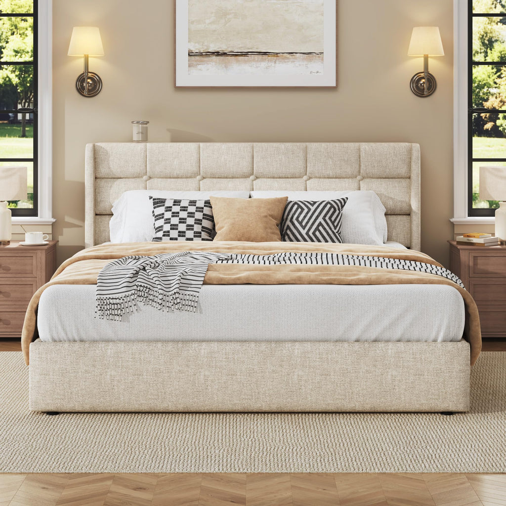 Queen Size Linen Upholstered Lift Up Storage Bed Frame O67333