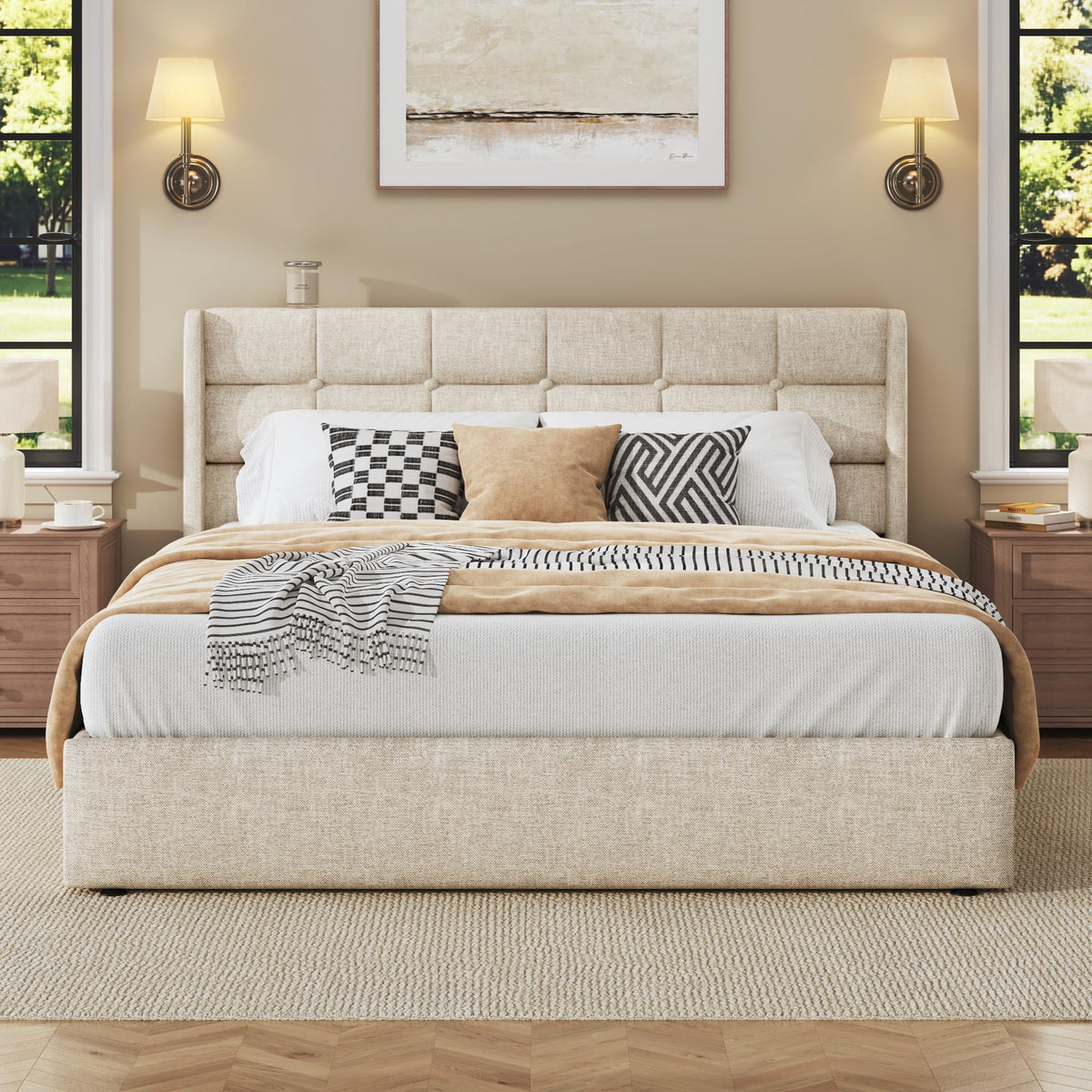 Queen Size Linen Upholstered Lift Up Storage Bed Frame O67333